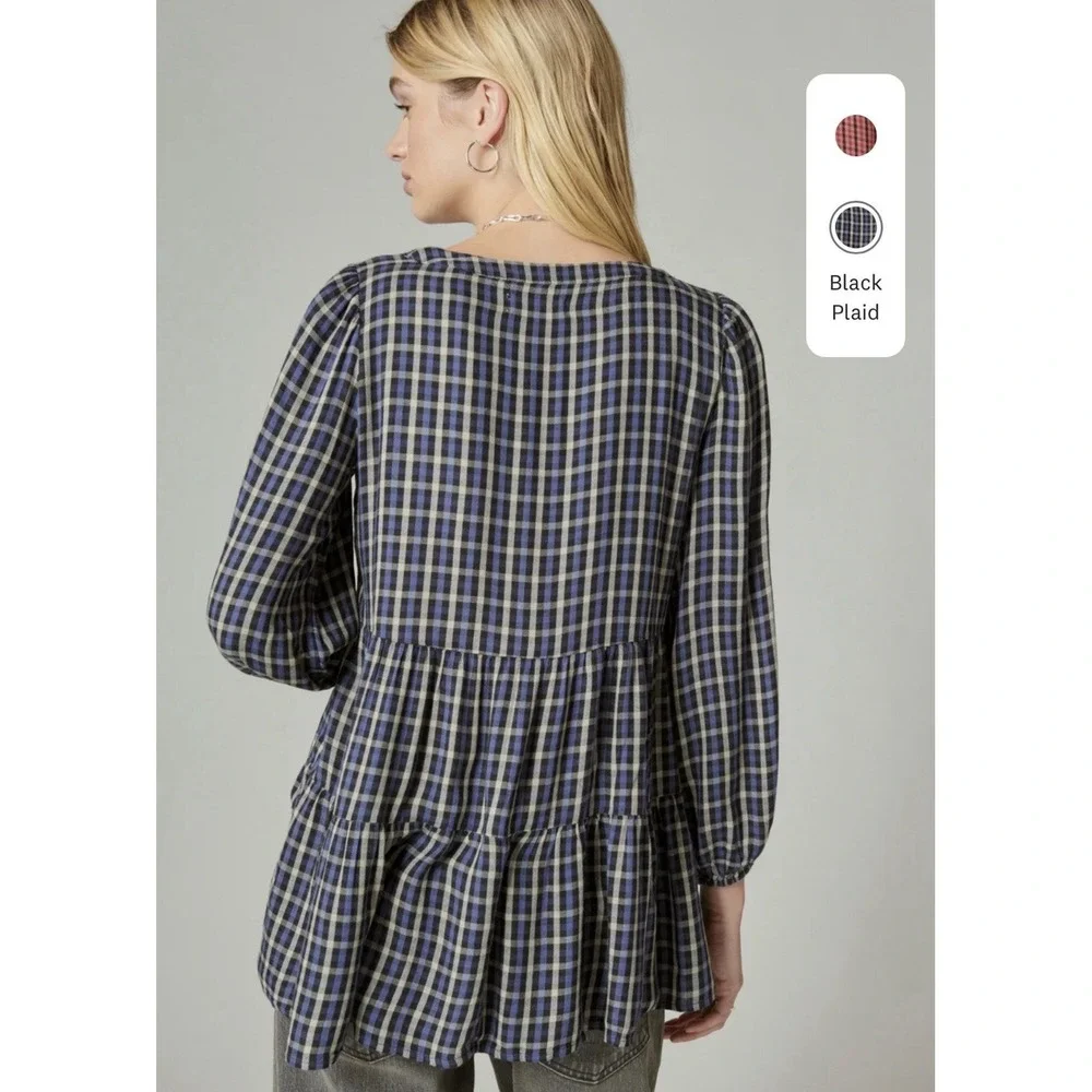 Lucky Brand Women's Size Medium Blue Plaid Button Up Tiered Peplum Tunic Western